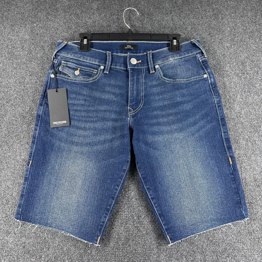 True Religion Jean Shorts Mens 31 Dark Lunar Shadow Ricky Flap Short Raw Hem NWT